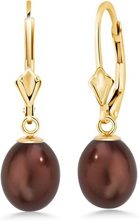 Amazon.com: Gem Stone King 14K Yellow Gold 9mm Chocolate Cultured Freshwater Pearl Dangle Women's Earrings: Clothing, Shoes & Jewelry