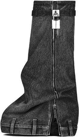 Amazon.com | MissHeel Padlock Fold Over Platform Denim Knee High Boots | Knee-High