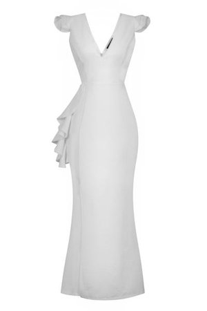 Chanel White V Plunge Peplum Frill Ruffle Slinky Mermaid Maxi Dress – Nazz Collection