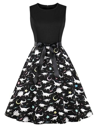 [31% OFF] Dinosaur Print Sleeveless Vintage Dress | Rosegal