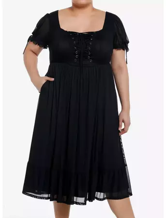 Cosmic Aura Black Lace-Up Mesh Puff Sleeve Midi Dress Plus Size | Hot Topic