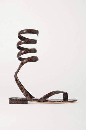 Snake-effect Leather Sandals - Brown