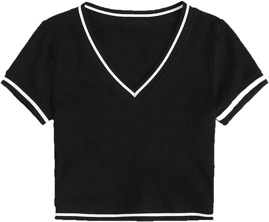 SweatyRocks Women's Short Sleeve V Neck Contrast Striped Tape Rib-Knit Tee Shirt Crop Top Black S at Amazon Women’s Clothing store