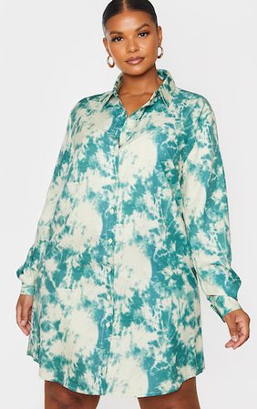 Plus Sage Green Tie Dye Oversized Shirt Dress | PrettyLittleThing