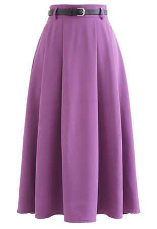 Classic Pleated Belted Flare Midi Skirt in Purple - Retro, Indie and Unique Fashion