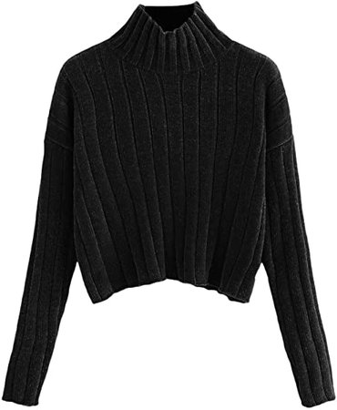 SheIn Women's High Neck Drop Shoulder Raw Hem Crop Sweater Pullovers : Clothing, Shoes & Jewelry