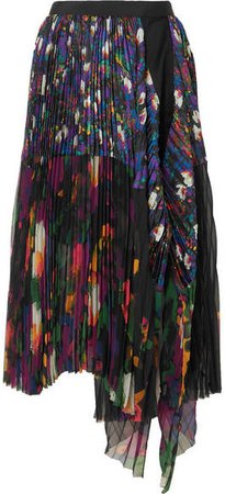 Draped Pleated Floral-print Satin And Chiffon Midi Skirt - Black