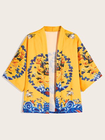 Guys Dragon & Crane Print Embroidery Kimono | ROMWE