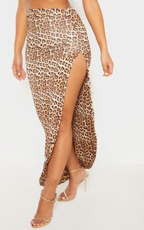 Tan Leopard Side Split Maxi Skirt | Skirts | PrettyLittleThing