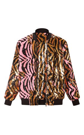 Gold Zebra Sequin Bomber Jacket | PrettyLittleThing