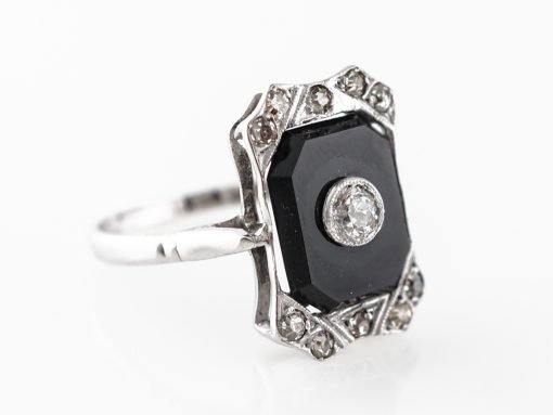 Vintage 1920's Onyx & Diamond Ring in 14k White Gold