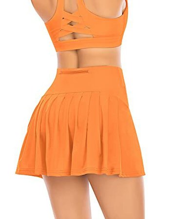 Pleated Tennis Skirts for Women with Pockets Shorts Athletic Golf Skorts Activewear Running Workout Sports Skirt (Orange, Medium) - SportsRidge