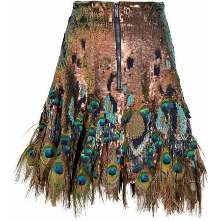 Matthew Williamson Peacock feather-trimmed sequined skirt (€2.635) ❤ liked on Polyvore featuring skirts, mini skirts, bottoms, peacock, saias, … | Falda de plumas, Vestidos para señoras y Plumas