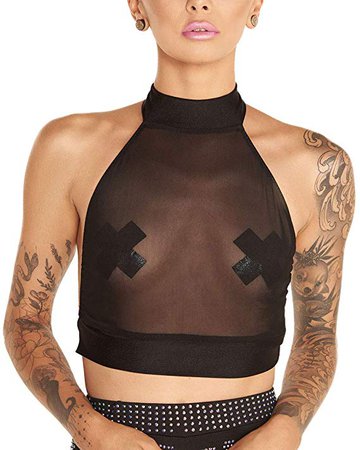 Amazon.com: iHeartRaves Black Sheer Mesh Halter Crop Top Shirt (One Size): Clothing