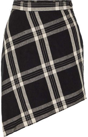 Infinity Wrap-effect Asymmetric Tartan Organic Linen Mini Skirt - Black