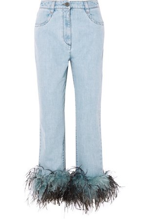 Prada | Feather-trimmed boyfriend jeans | NET-A-PORTER.COM