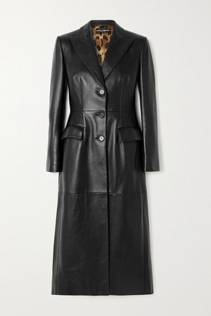 Topstitched Leather Coat - Black