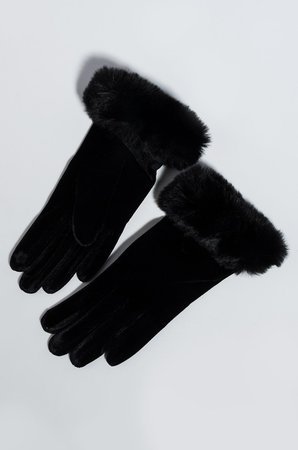 AKIRA Label Velvet Gloves with Faux Fur Trim in Black