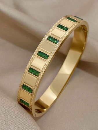 1 PC Luxury Green CZ Stainless Steel Cuff Bracelet For Women Men Gold Silver Color Couple Bracelets Wide Bangle Jewelry Christmas Valentine Gift | SHEIN