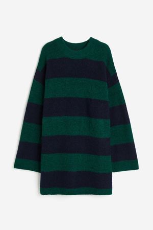 Oversized knitted dress - Dark green/striped