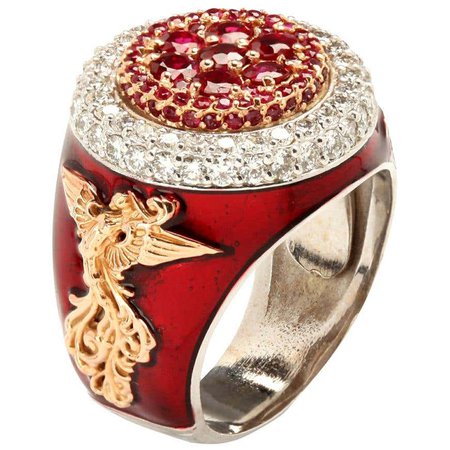 Red Enamel Men’s Ring with Ruby and Diamonds White and Rose Gold Stambolian For Sale at 1stDibs