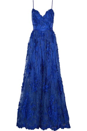 Royal Blue Satin Trimmed Embellished Evening Gown
