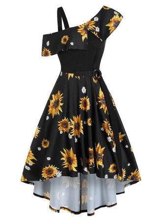[43% OFF] 2020 Printed Sunflower O Ring Belt A Line Dress In BLACK | DressLily