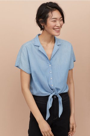Camisa vaquera con lazada - Azul denim claro - MUJER | H&M ES