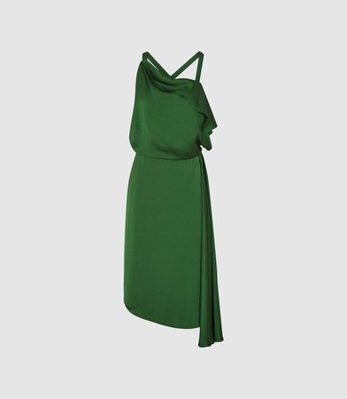 Aya Green Draped Satin Midi Dress – REISS