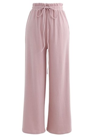 Drawstring Paper-Bag Waist Ribbed Yoga Pants in Pink - Retro, Indie and Unique Fashion