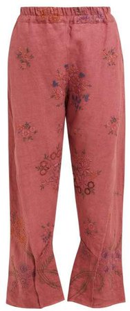 Reyzi Floral Embroidered Linen Trousers - Womens - Pink