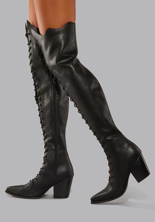 Widow Pointed Lace Up Thigh High Boots - Black – Dolls Kill