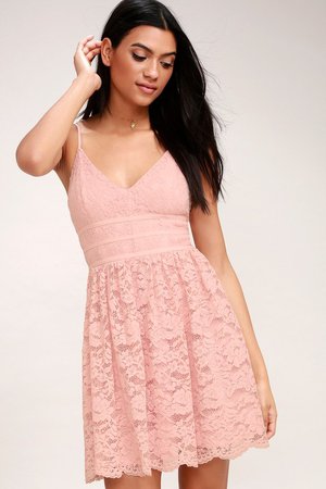 Blush Pink Dress - Blush Pink Lace Dress - Lace Skater Dress
