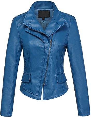 Chouyatou Women's Stylish Oblique Zip Slim Faux Leather Biker Outerwear Jacket (XX-Large, Blue) at Amazon Women's Coats Shop