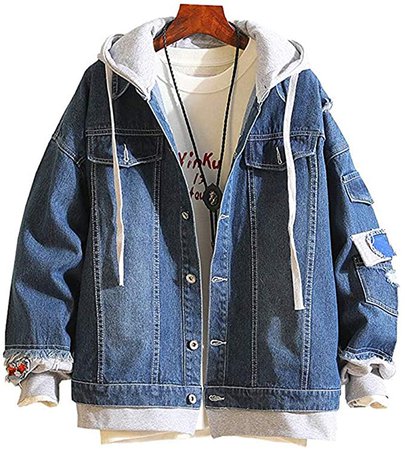 LifeHe Men Denim Jacket With Hoodie With Patches Oversized (Deep Blue, XS) at Amazon Men’s Clothing store