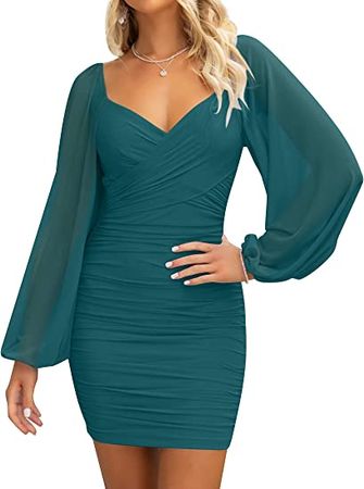 ZESICA Women's Sexy V Neck Ruched Bodycon Mini Dress Puff Long Sleeve Cocktail Wedding Party Short Dresses
