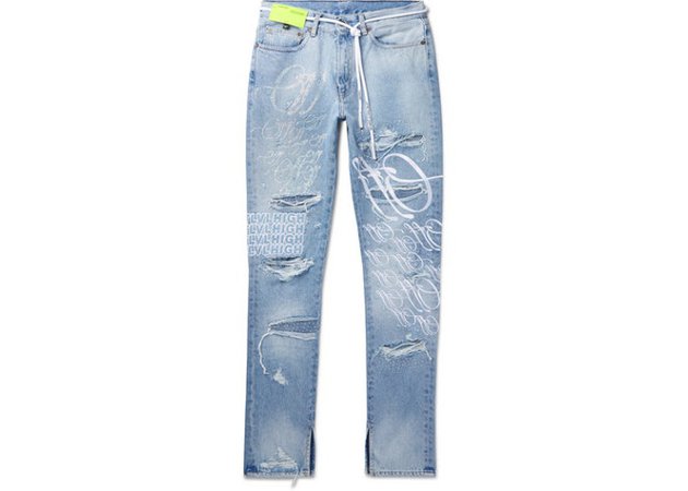 OFF-WHITE EV BRAVADO Crystal Distressed Denim Jeans Light Blue - SS19