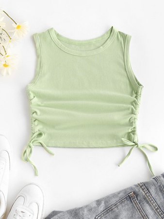 [31% OFF] 2020 Rib-knit Side Cinched Crop Top In LIGHT GREEN | ZAFUL