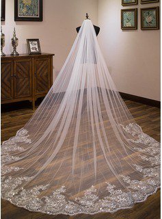 One-tier Lace Applique Edge Cathedral Bridal Veils With Lace (006183213) - JJ's House