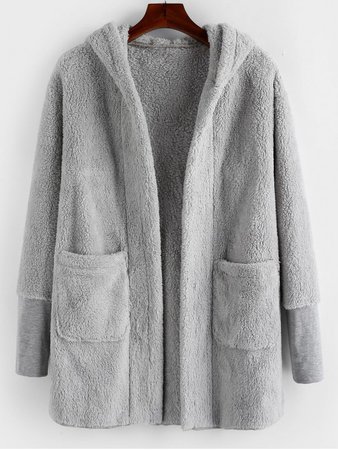 [41% OFF] [POPULAR] 2019 ZAFUL Pocket Open Hooded Fluffy Tunic Coat In GRAY | ZAFUL