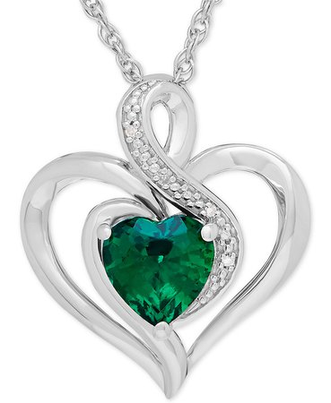 Macy's Sterling Silver Lab-Created Emerald & Diamond Accent Heart Pendant Necklace