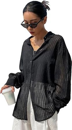 Floerns Women's Button Front Long Sleeve Mesh Shirt See Through Sheer Blouse Tops at Amazon Women’s Clothing store