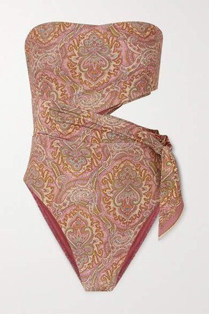 Freja Tie-detailed Cutout Paisley-print Bandeau Swimsuit - Brown