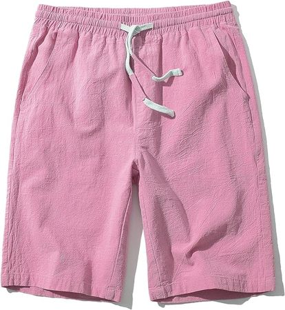 Men's Linen Casual Classic Fit 11 Inch Inseam Elastic Waist Shorts with Drawstring Pink Large at Amazon Men’s Clothing store