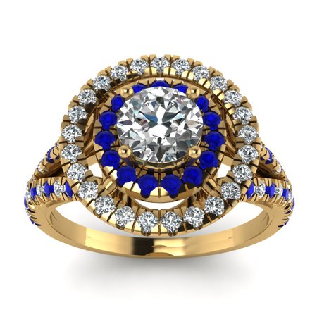 Round Cut Diamond Engagement Ring With Blue Sapphire In 14K Yellow Gold | Fascinating Diamonds
