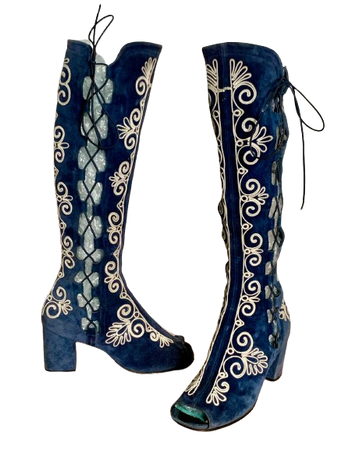 Rare Vintage 1960’s Boots  Blue Suede White Scroll Design Cord Embroidery  Lace Up Corset Sides Peep Toe  Boho Hippie  Courtney Love