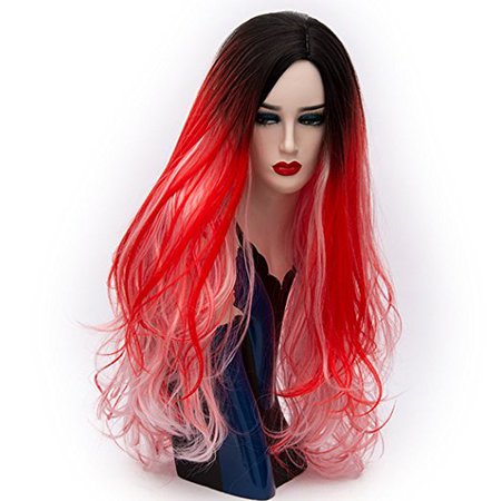 Alacos Synthetic 75CM Long Curly Rainbow Color Ombre Halloween Costumes Cosplay Harajuku Wigs for Women Lady Girl +Free Wig Cap (Black Ombre to Red Pink)