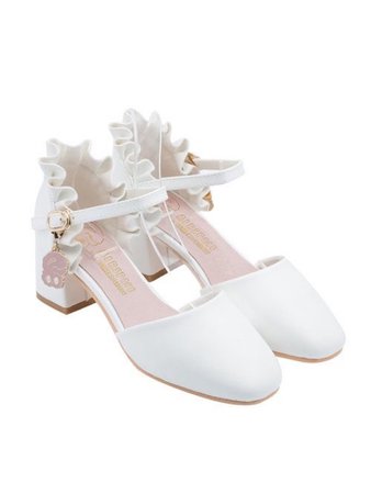 White ruffle strap heels