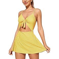 IUGA One Piece Bathing Suit for Women Tummy Control V Neck Bathing Suits Tie-Knot Front A-Lined Hem Womens Swimsuits Yellow at Amazon Women’s Clothing store