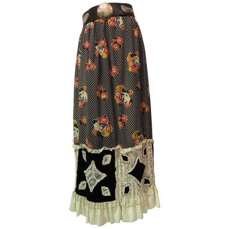 1970s Chessa Davis Folkloric Floral Print Maxi Skirt and Mexican Leather Belt For Sale at 1stDibs